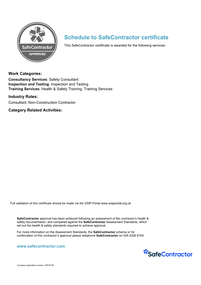 Safe Contractor Certificate -Exp 29th April 2027 Cert Number JW7444_2